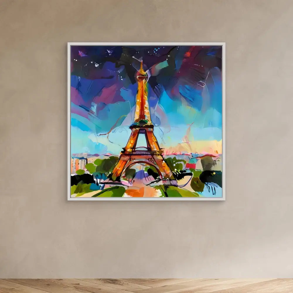 Colorful abstract painting of the Eiffel Tower using vibrant watercolors and bold brushstrokes.