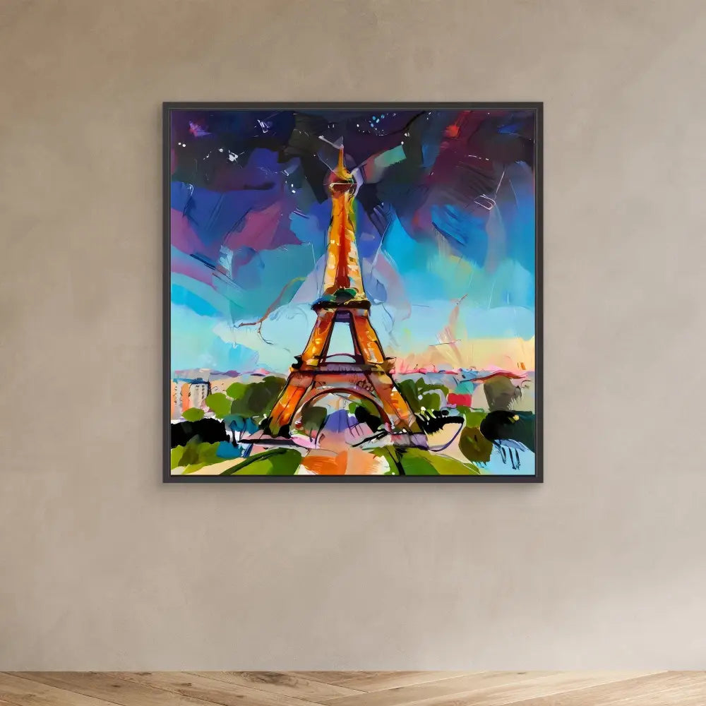 Colorful abstract painting of the Eiffel Tower illuminated in golden hues.