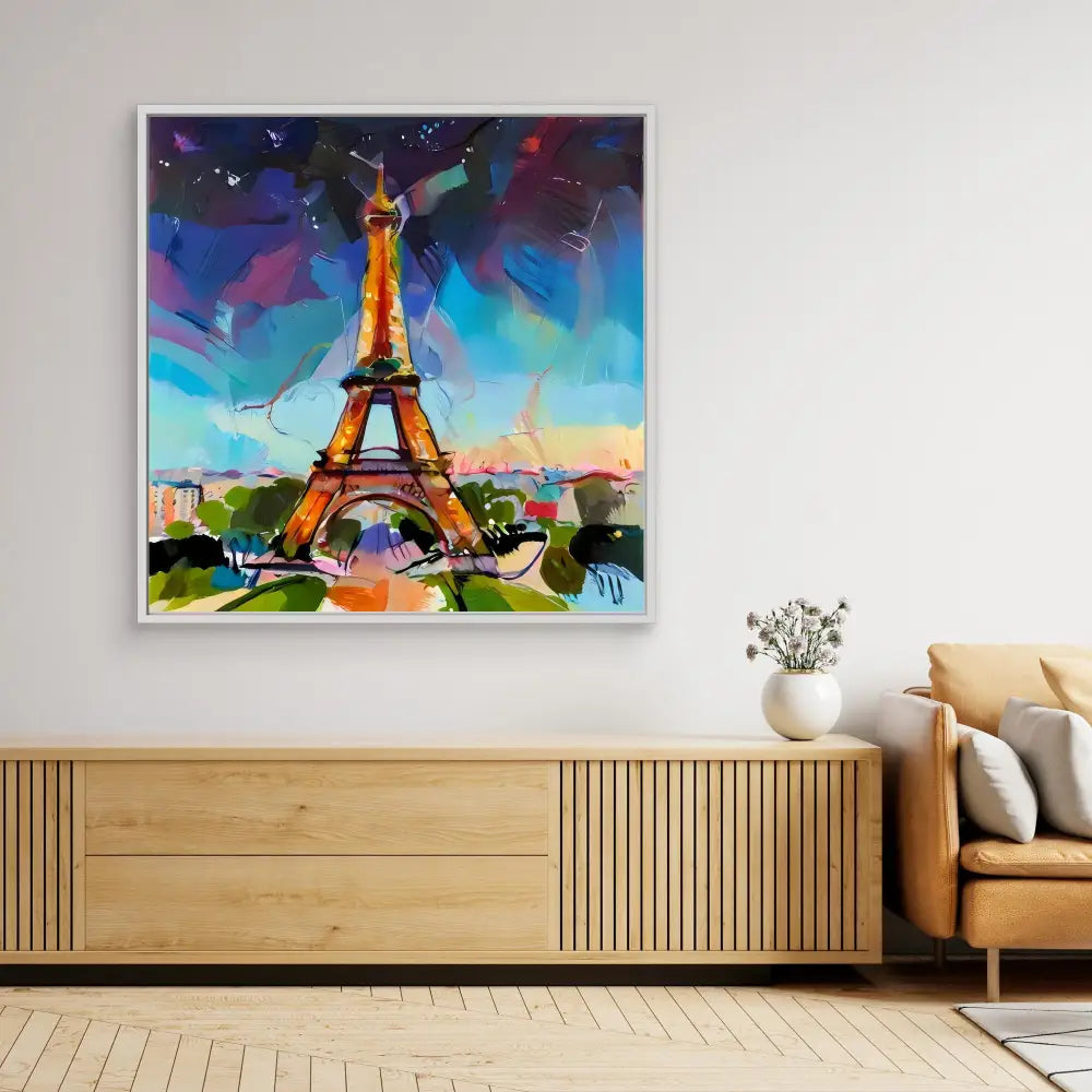 Colorful abstract painting of the Eiffel Tower against vibrant blue and pink skies.