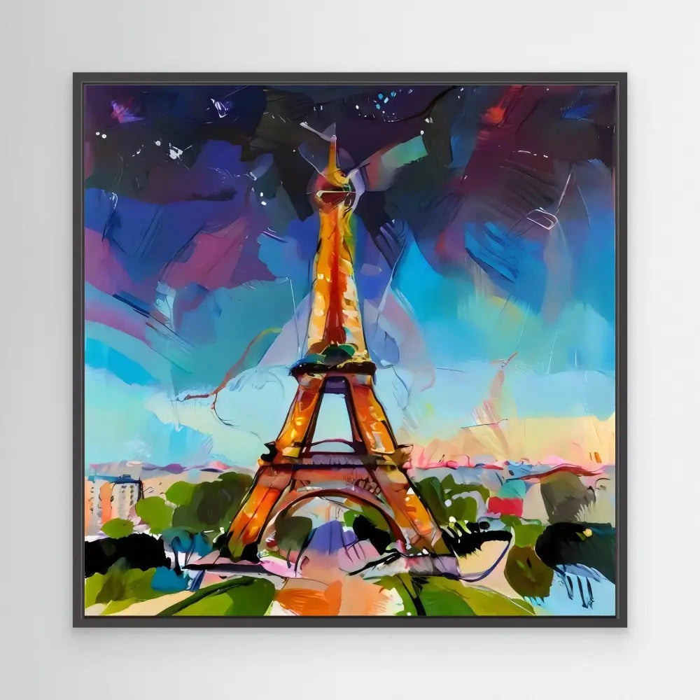 Colorful abstract painting of the Eiffel Tower illuminated in golden-orange hues.