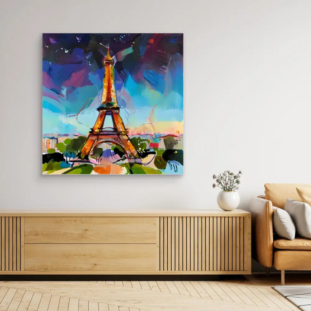 Colorful abstract painting of the Eiffel Tower in vibrant brushstrokes.