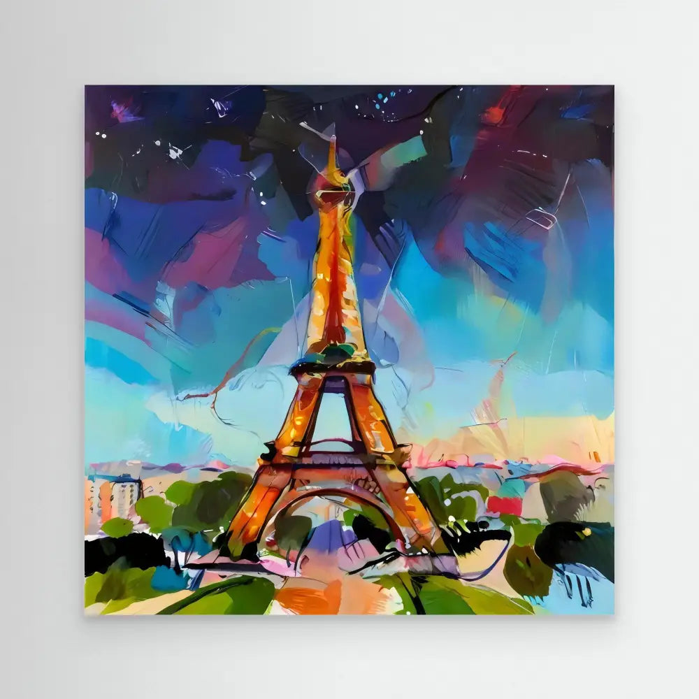 Colorful abstract painting of the Eiffel Tower in vibrant brushstrokes.