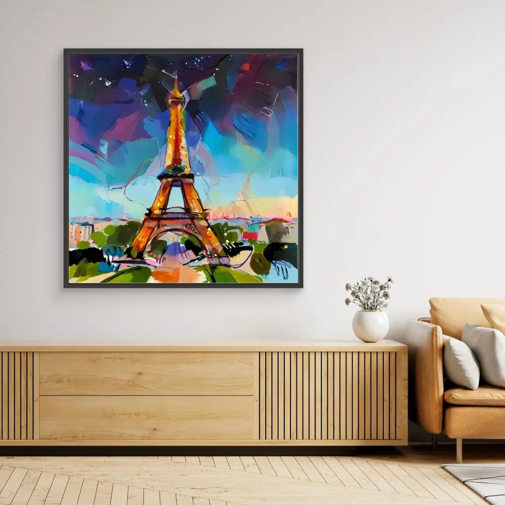 Colorful abstract painting of the Eiffel Tower in vibrant blues, purples, and yellows.