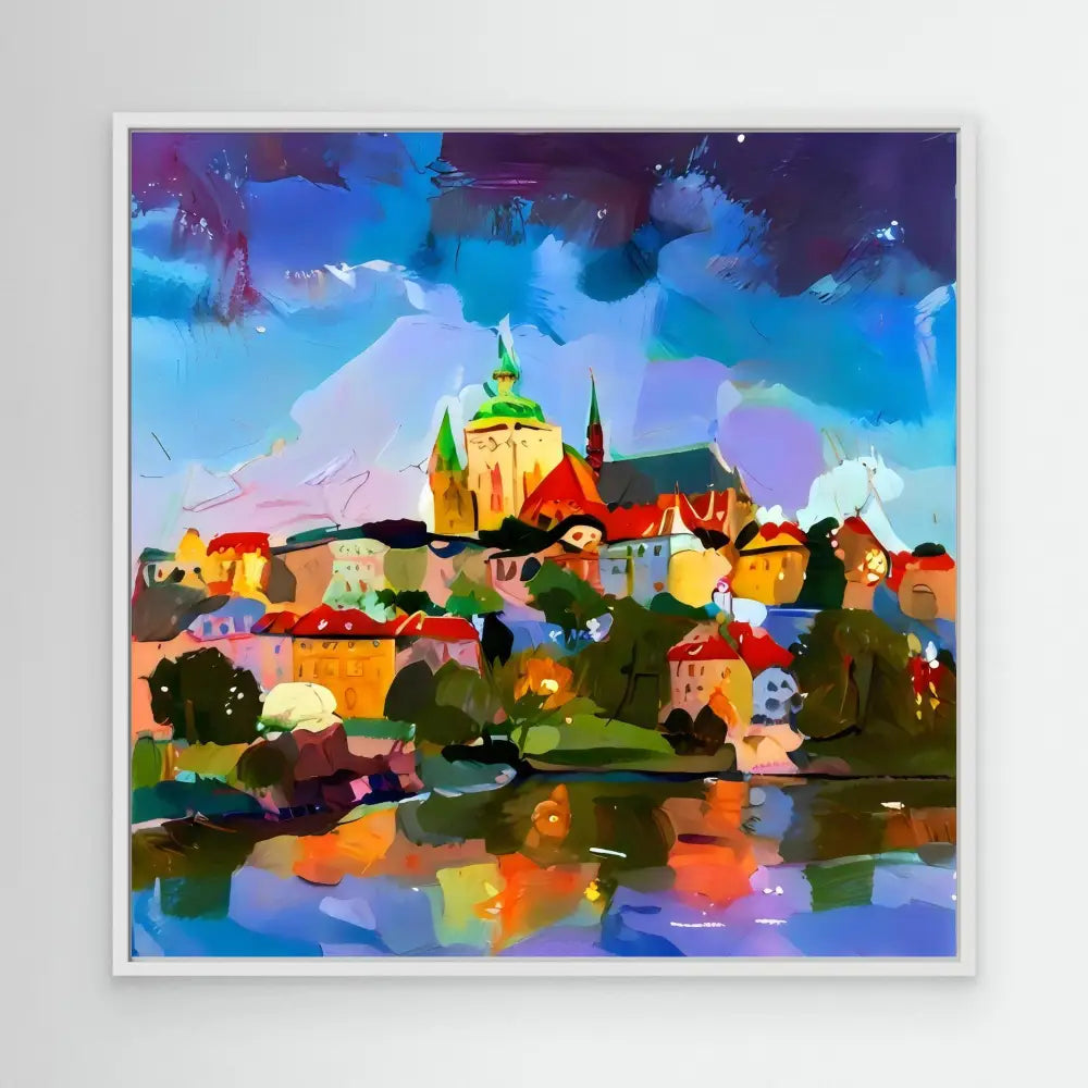 Colorful abstract painting of a European town with a castle or cathedral on a hilltop reflected in water.