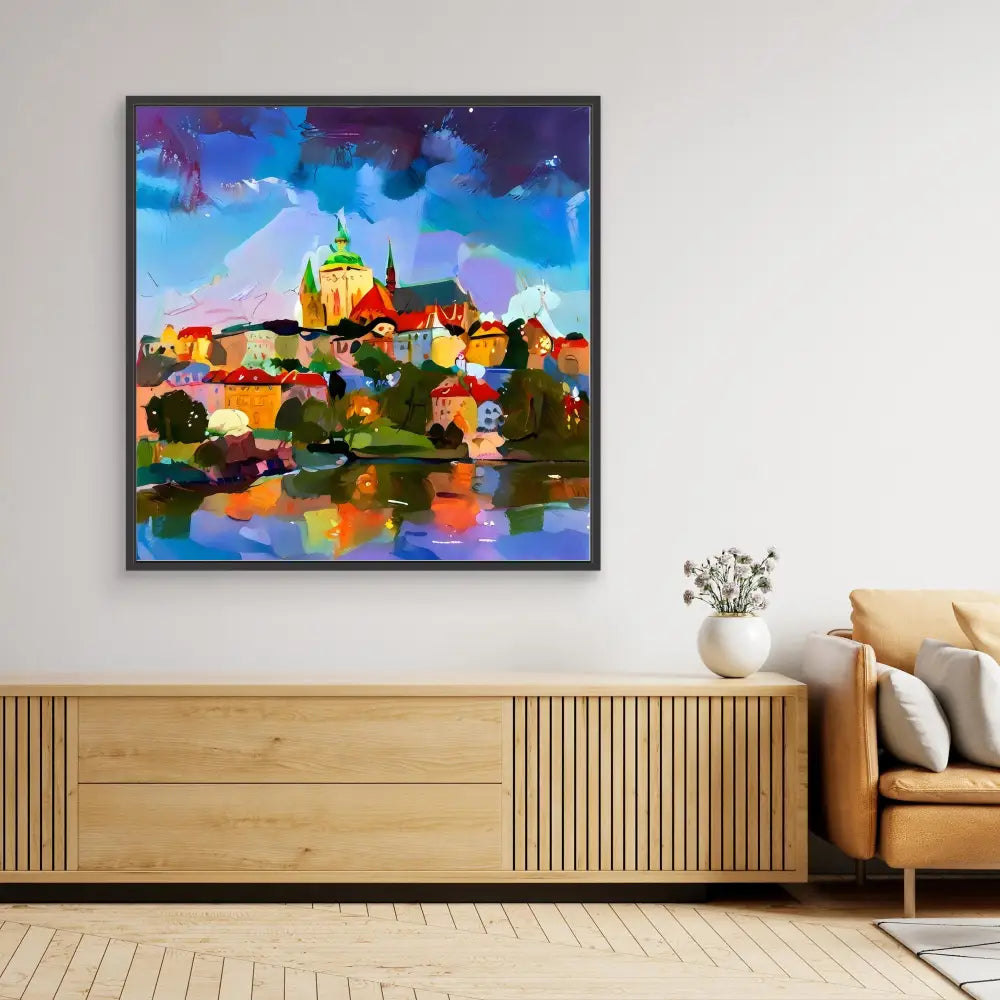 Colorful abstract painting of a European town with a prominent cathedral reflected in water.