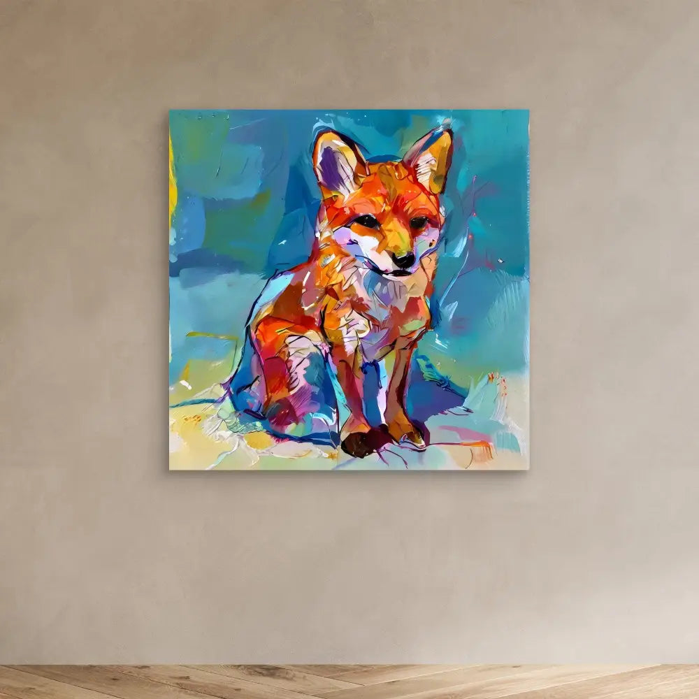 Colorful abstract painting of a sitting fox rendered in vibrant oranges, blues and purples.