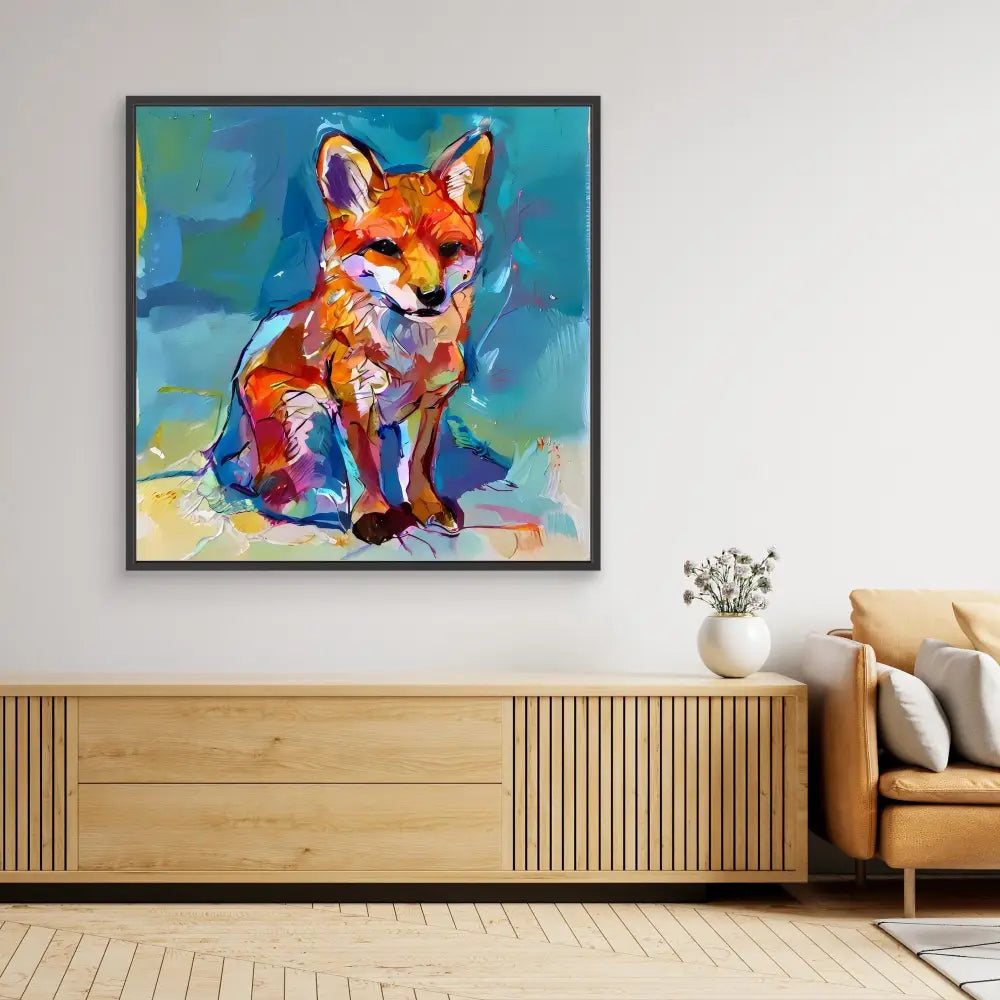 Colorful abstract painting of a sitting fox in vibrant oranges, blues and purples.