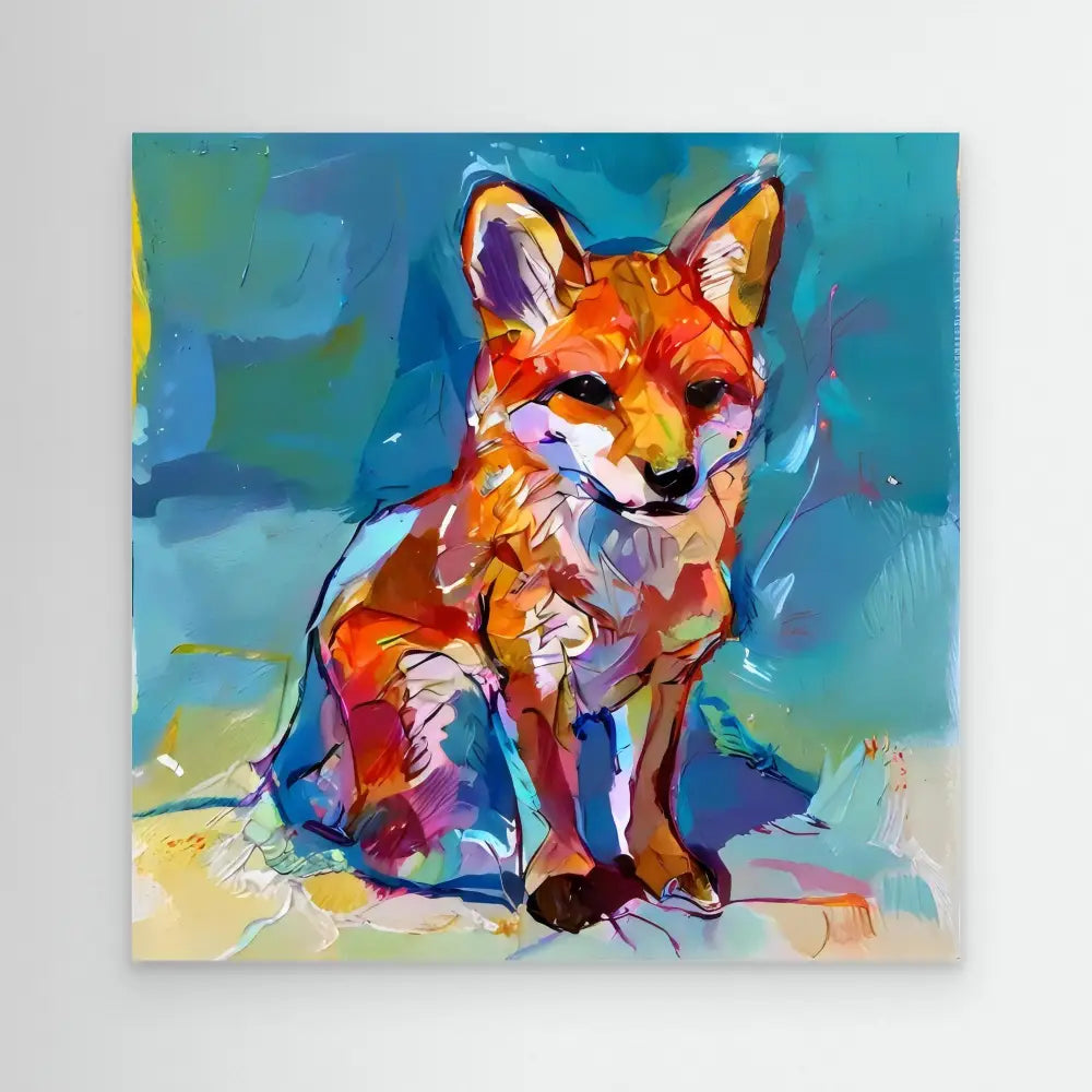 Colorful abstract painting of a fox in vibrant orange, blue and purple brushstrokes.