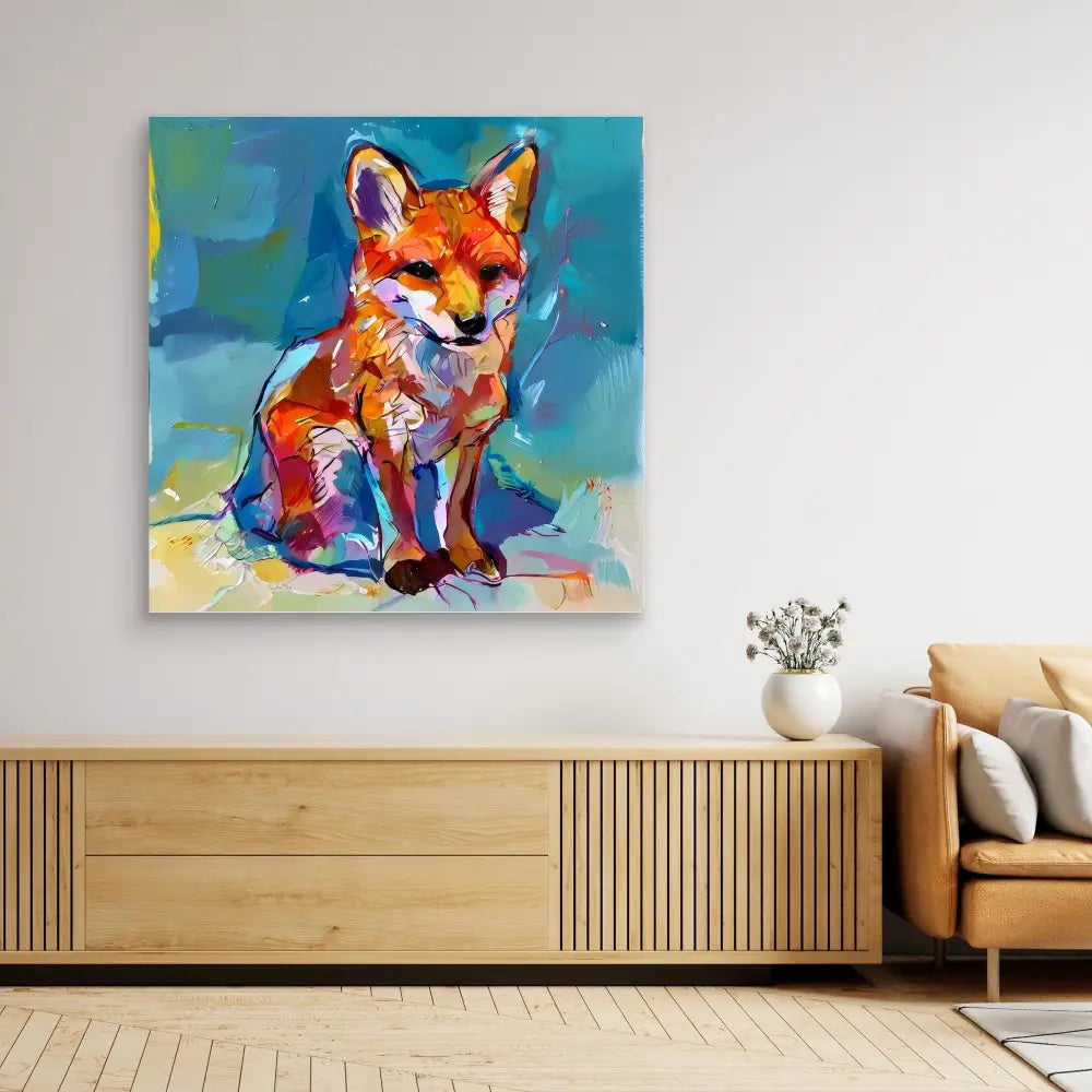 Colorful abstract painting of a sitting fox in vibrant oranges, blues and purples.