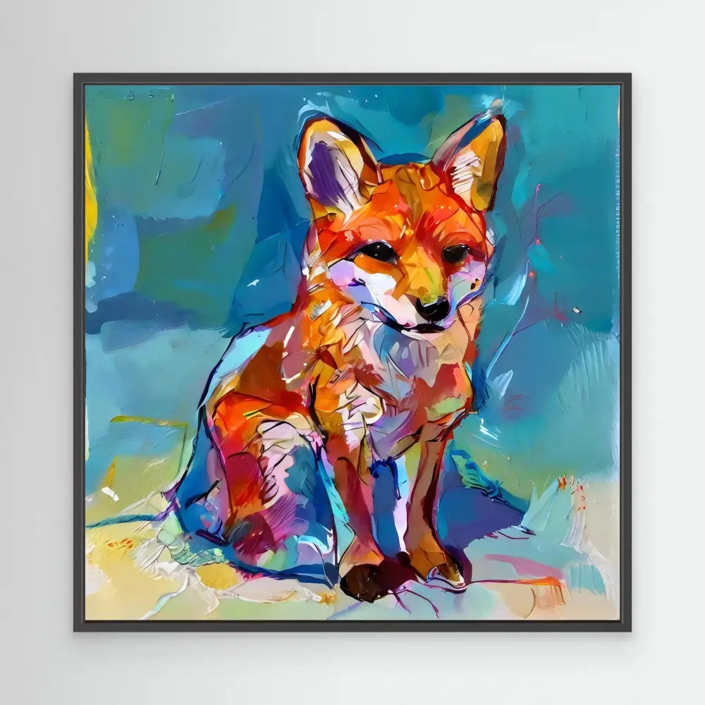 Colorful abstract painting of a fox in vibrant orange, blue and purple brushstrokes.