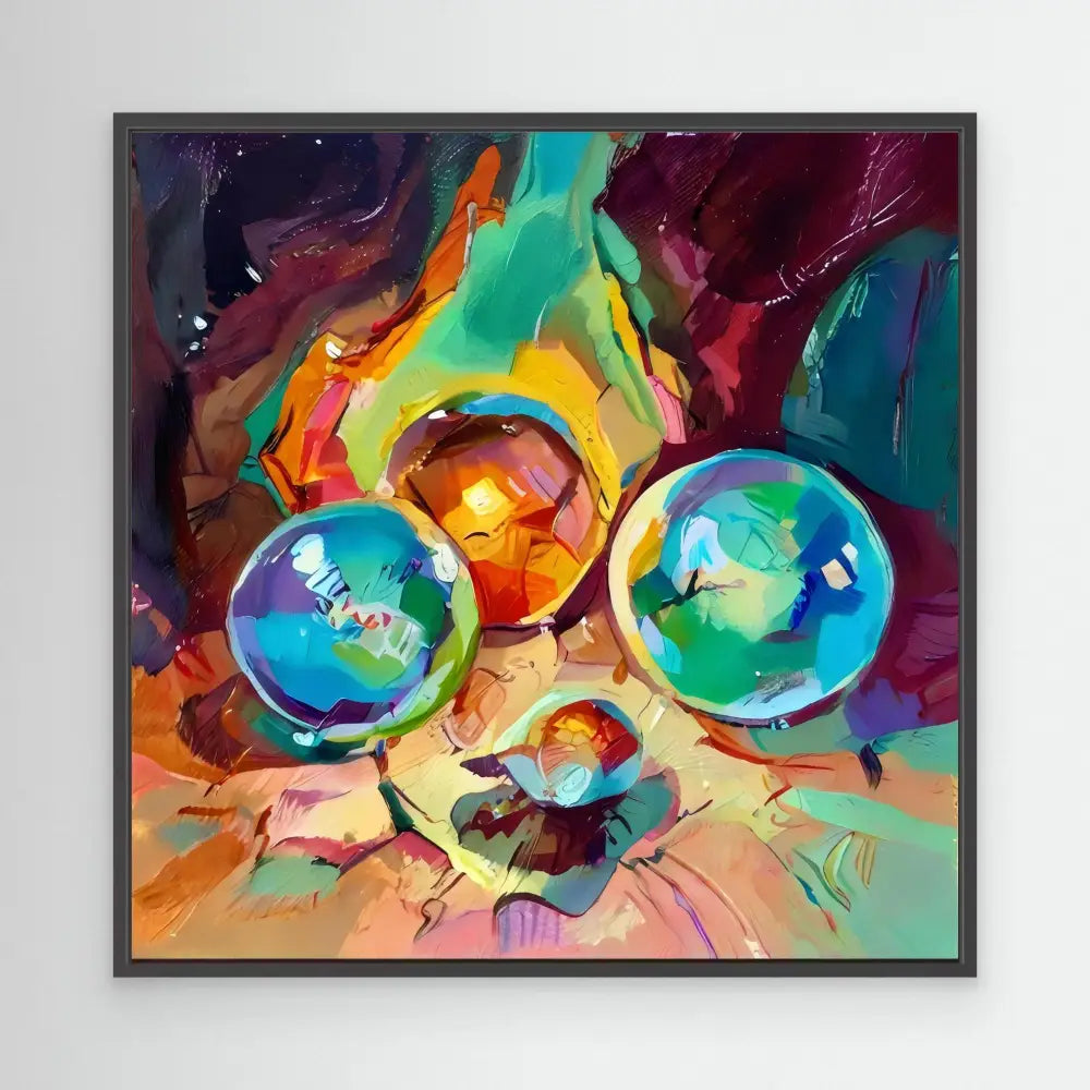 Colorful abstract painting of glass spheres or marbles with reflective surfaces.