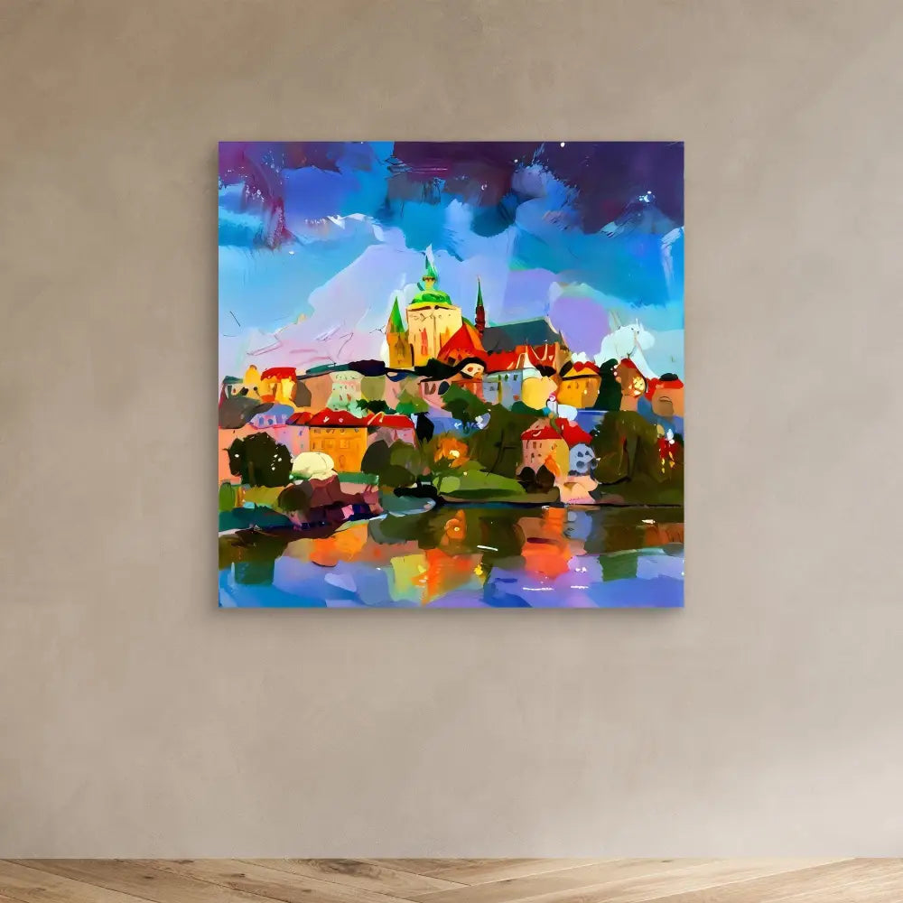 Colorful abstract painting of a hilltop cathedral with vibrant reflections in water.