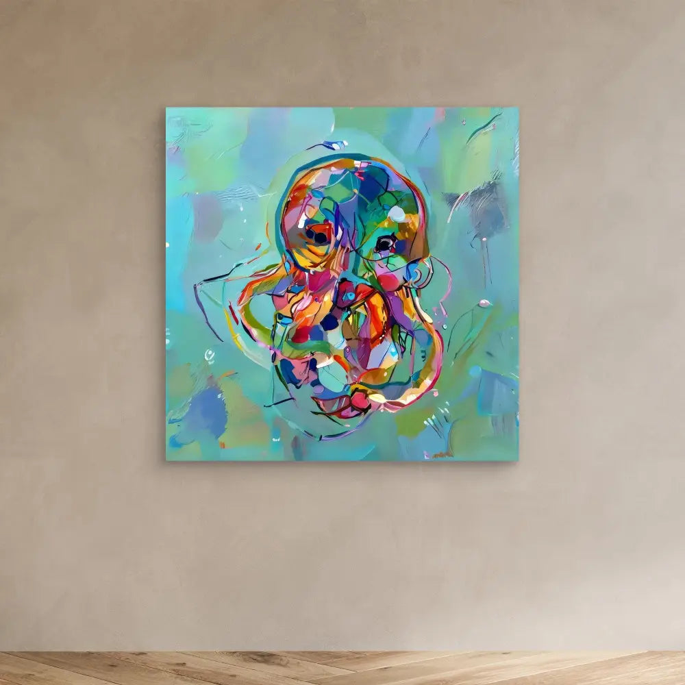 Colorful abstract painting featuring swirling, intertwined shapes in vibrant rainbow hues.