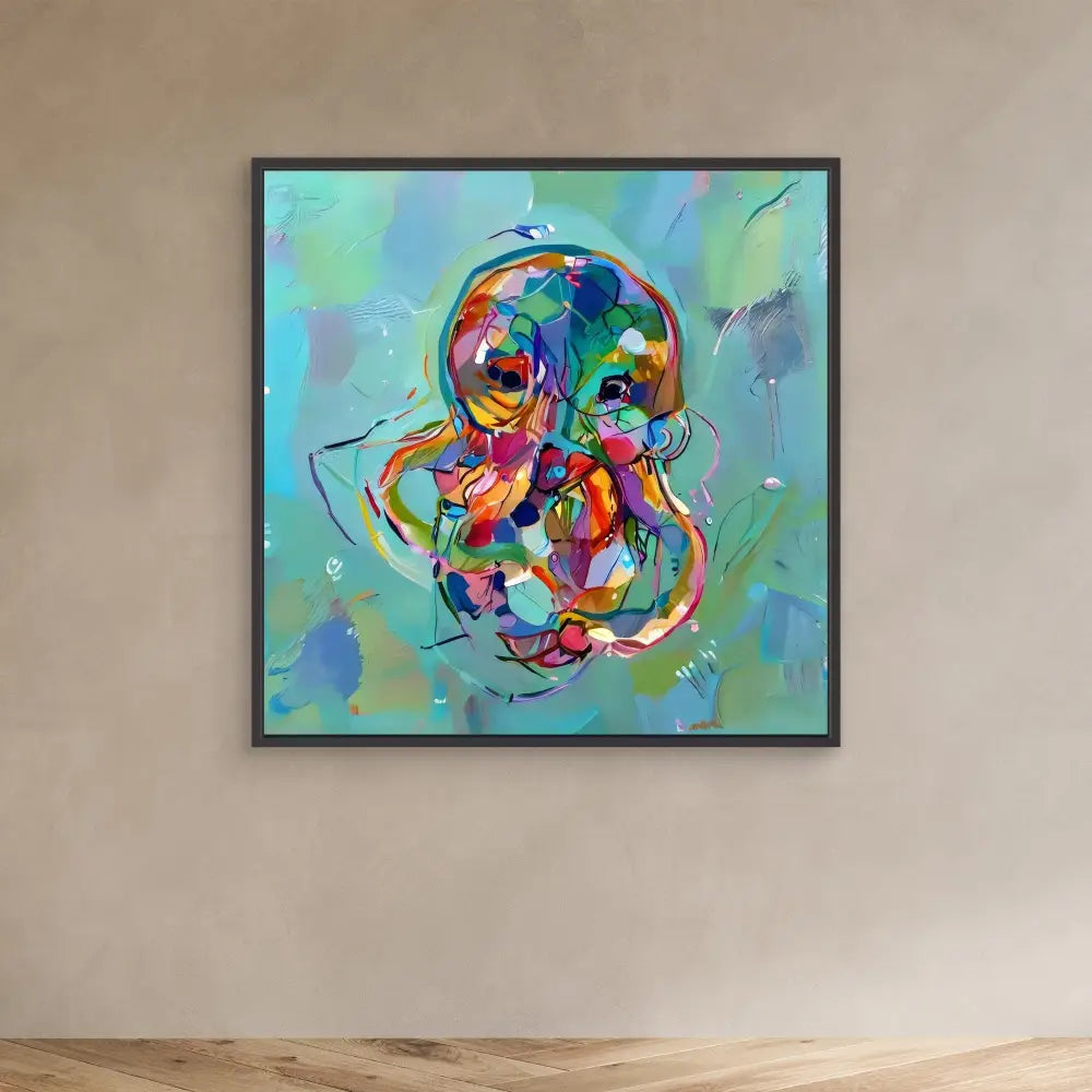 Colorful abstract painting featuring swirling, intertwined shapes in vibrant rainbow hues.