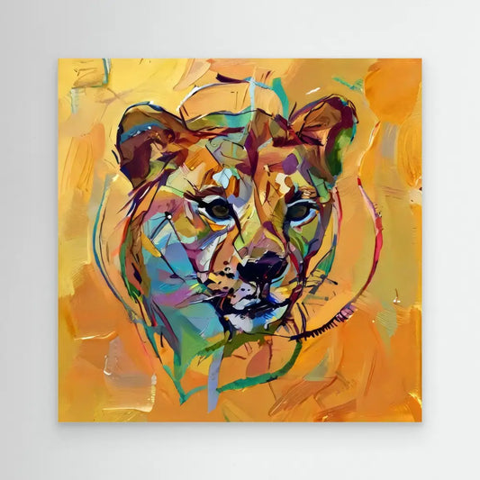 Colorful abstract painting of a lioness head using vibrant oranges, blues, and greens.