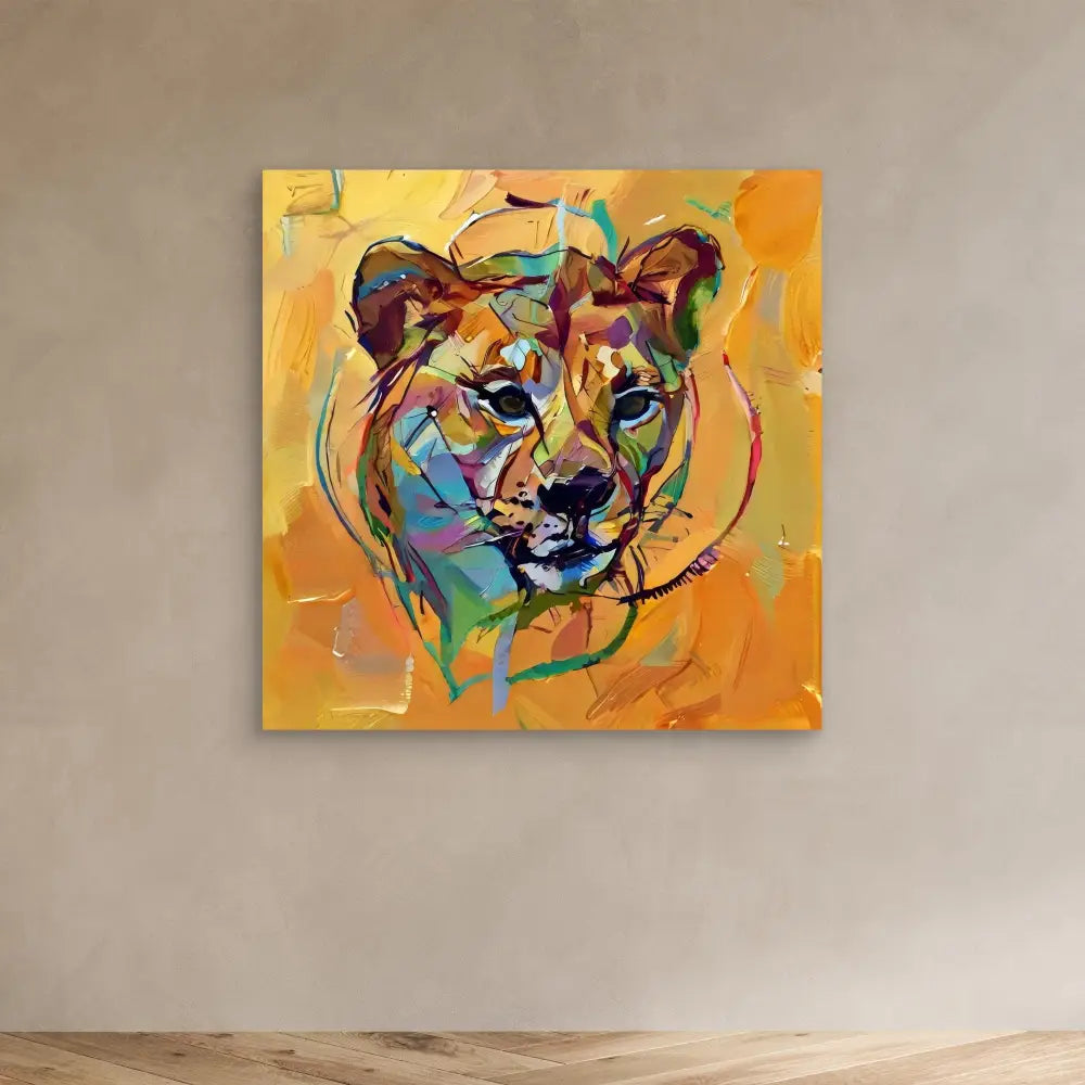 Colorful abstract painting of a lioness head with vibrant blues, purples, and oranges.