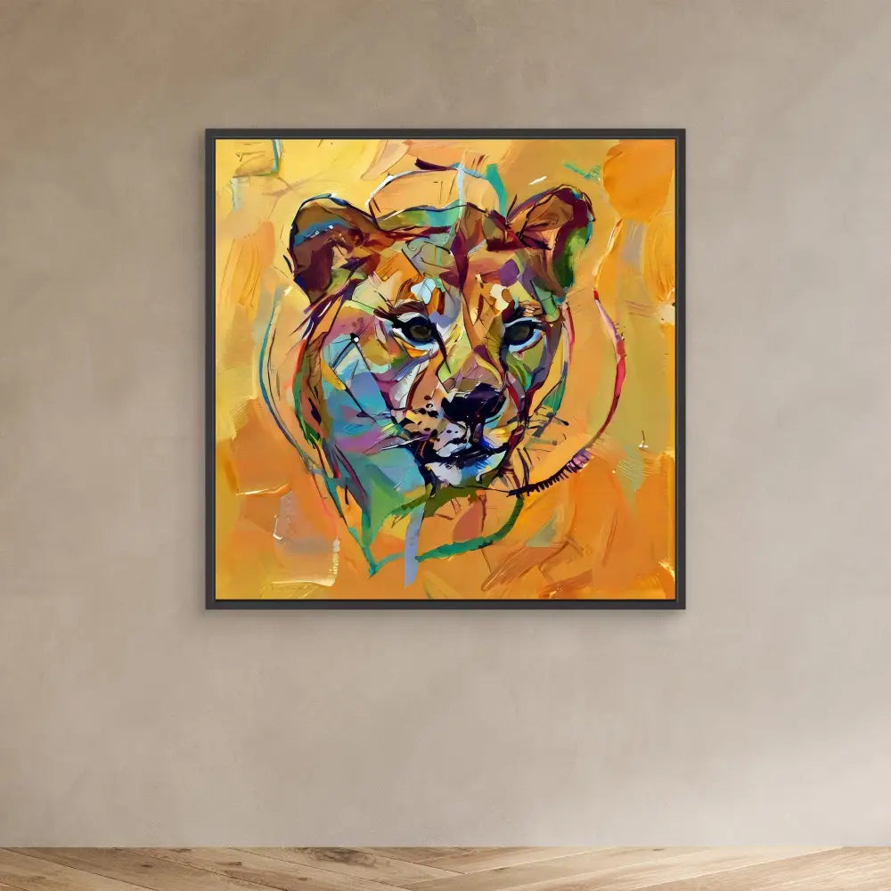 Colorful abstract painting of a lioness head with vibrant turquoise, purple and orange tones.