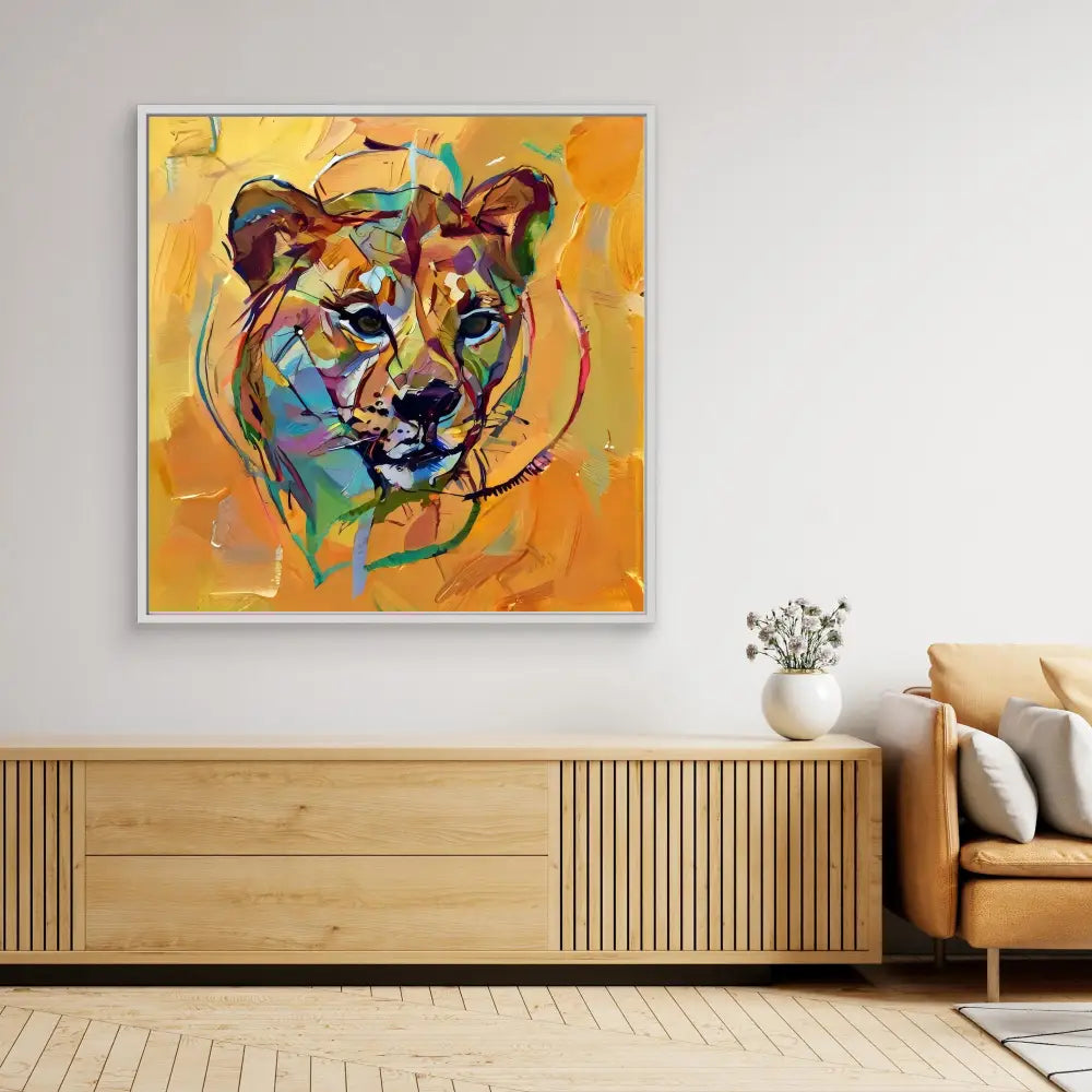 Colorful abstract painting of a lioness head with vibrant yellows, blues and purples.