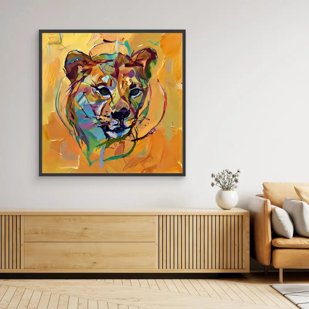 Colorful abstract painting of a lioness head with vibrant yellows, blues and purples.