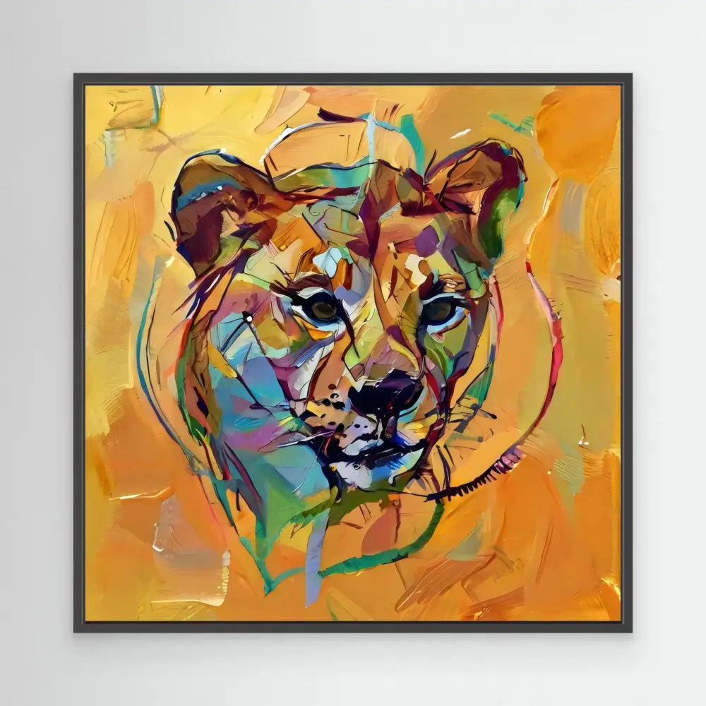 Colorful abstract painting of a lioness head using vibrant brushstrokes in orange, blue, green and purple tones.