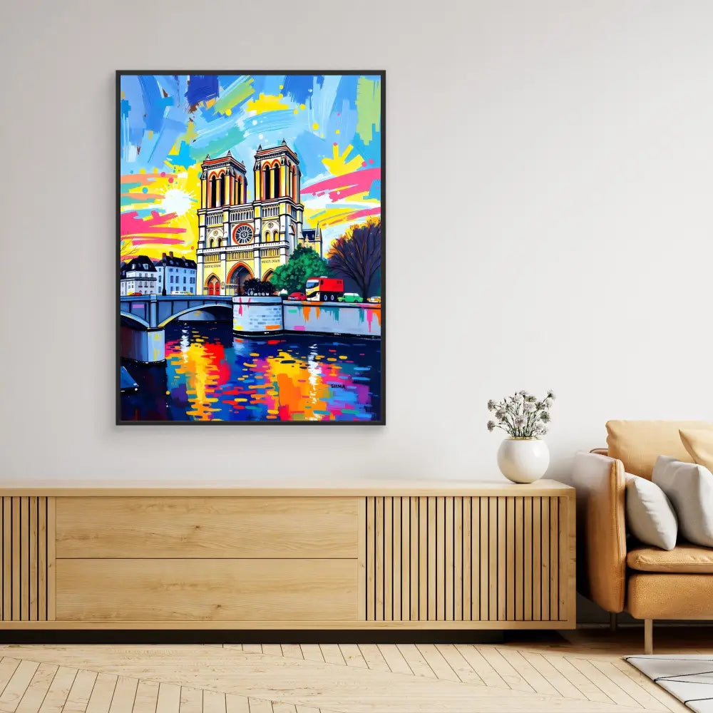 Colorful abstract painting of Notre-Dame Cathedral in Paris with vibrant sunset reflections on the Seine River.