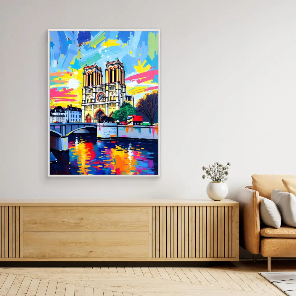 Colorful abstract painting of Notre-Dame Cathedral in Paris with vibrant sunset reflections on the Seine River.