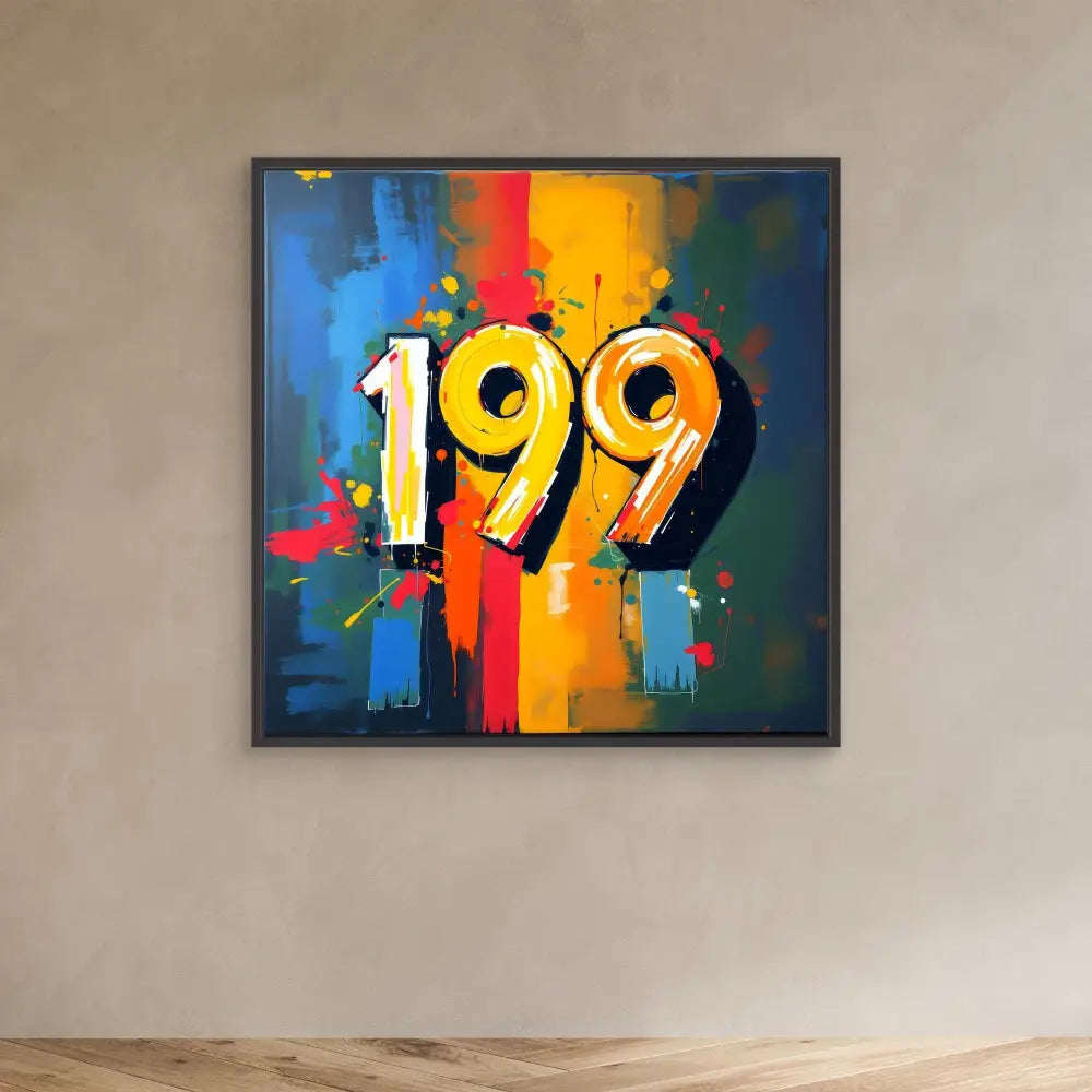 Colorful abstract painting of the number ’199’’ with dripping paint effects and vibrant rainbow stripes.