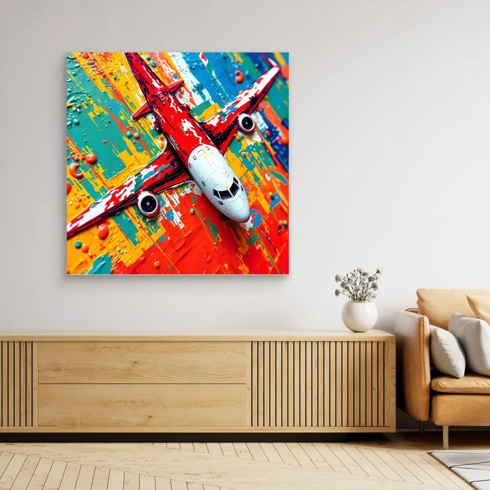 Colorful abstract painting of a passenger aircraft with vibrant splashes of red, blue, yellow and turquoise.