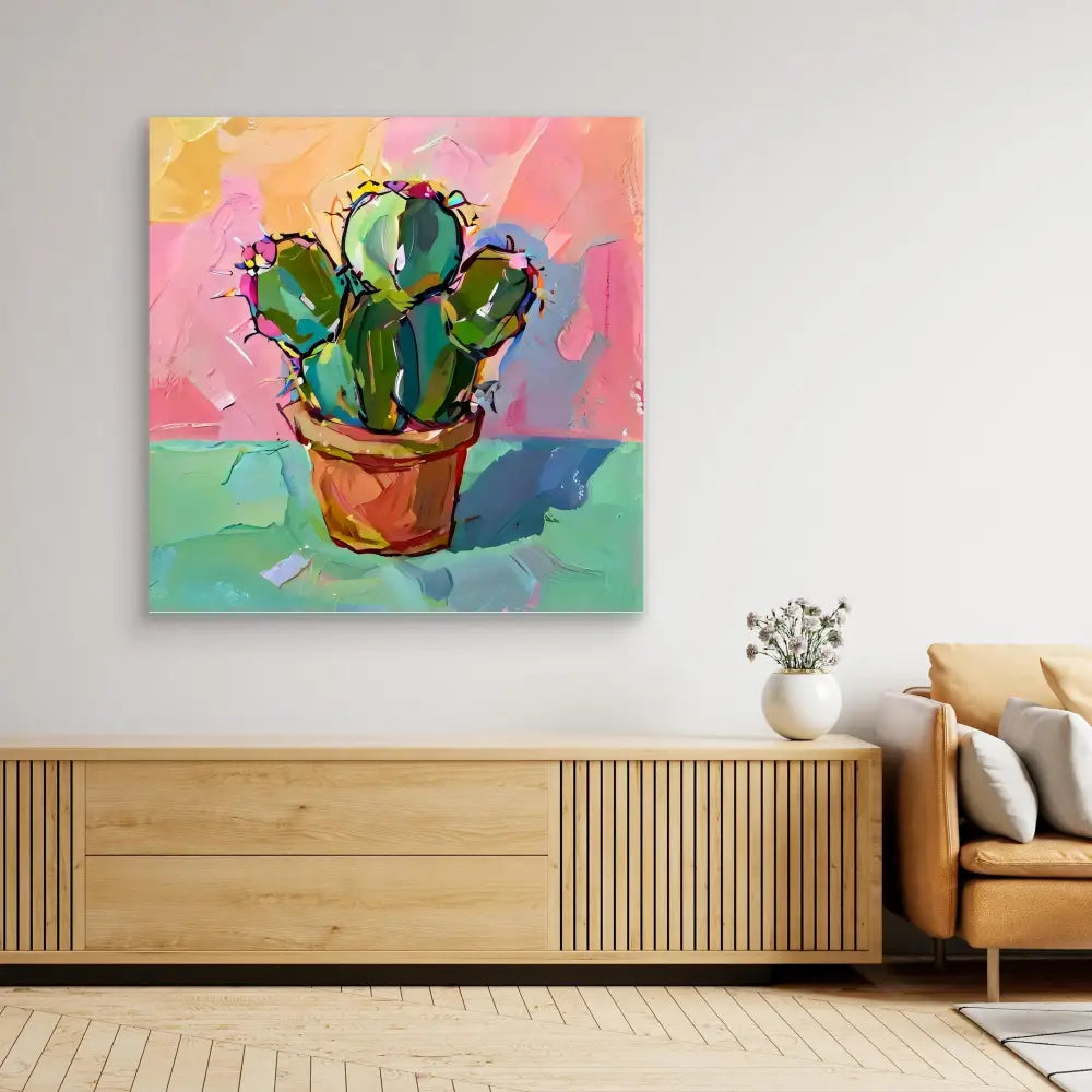 Colorful abstract painting of a potted cactus with vibrant turquoise-green tones.