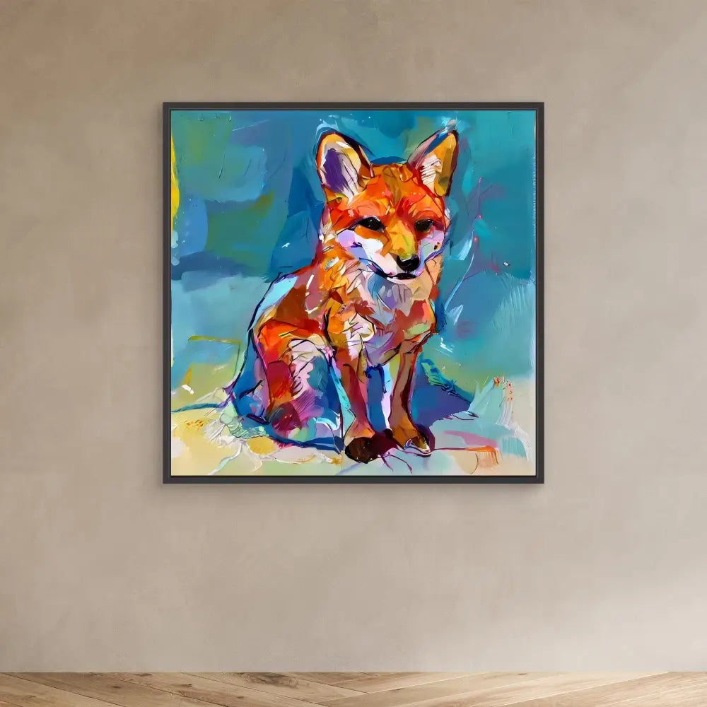 Colorful abstract painting of a red fox sitting with vibrant blues and oranges.