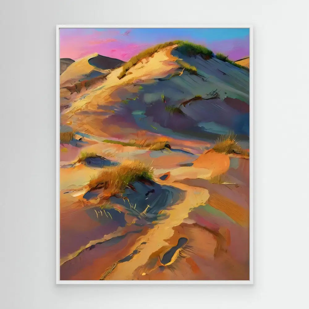 Colorful abstract painting of rolling sand dunes with vibrant orange, purple and blue hues.