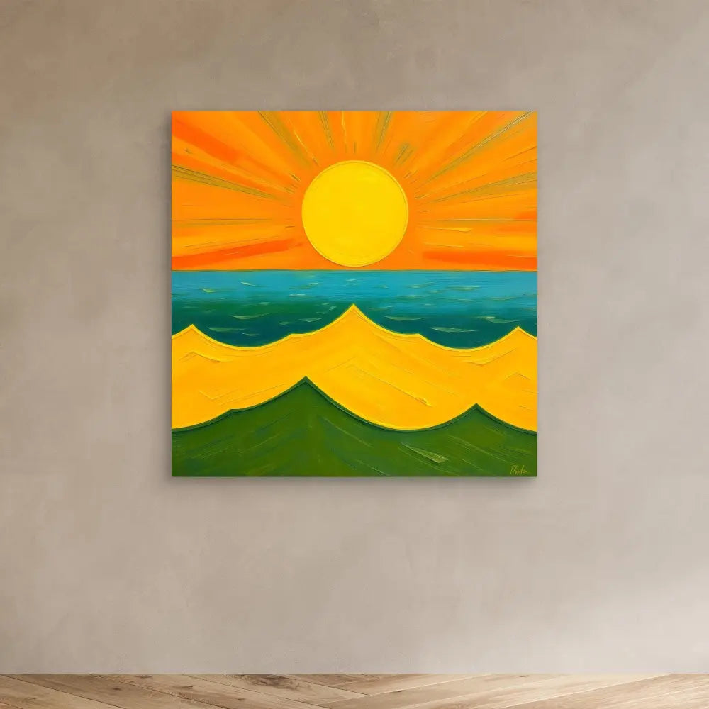 Colorful abstract painting of a sunset over rolling hills and ocean waves.