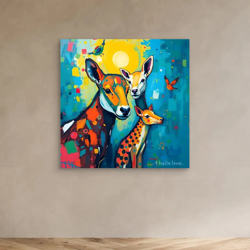 Colorful abstract painting of three deer with a butterfly against vibrant turquoise tones.