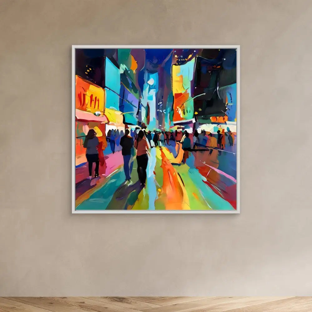 Colorful abstract painting of Times Square at night with silhouetted pedestrians and vibrant neon lights.