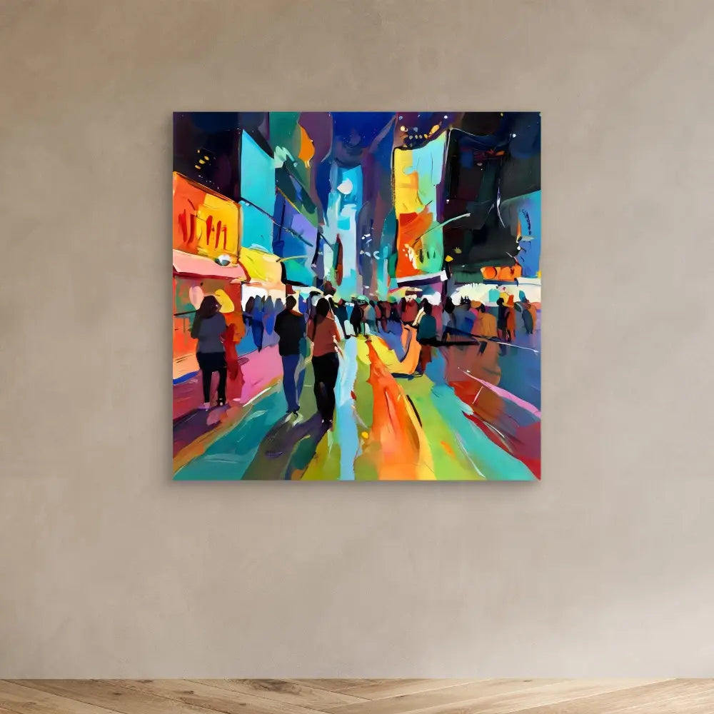 Colorful abstract painting of Times Square at night with silhouetted pedestrians.