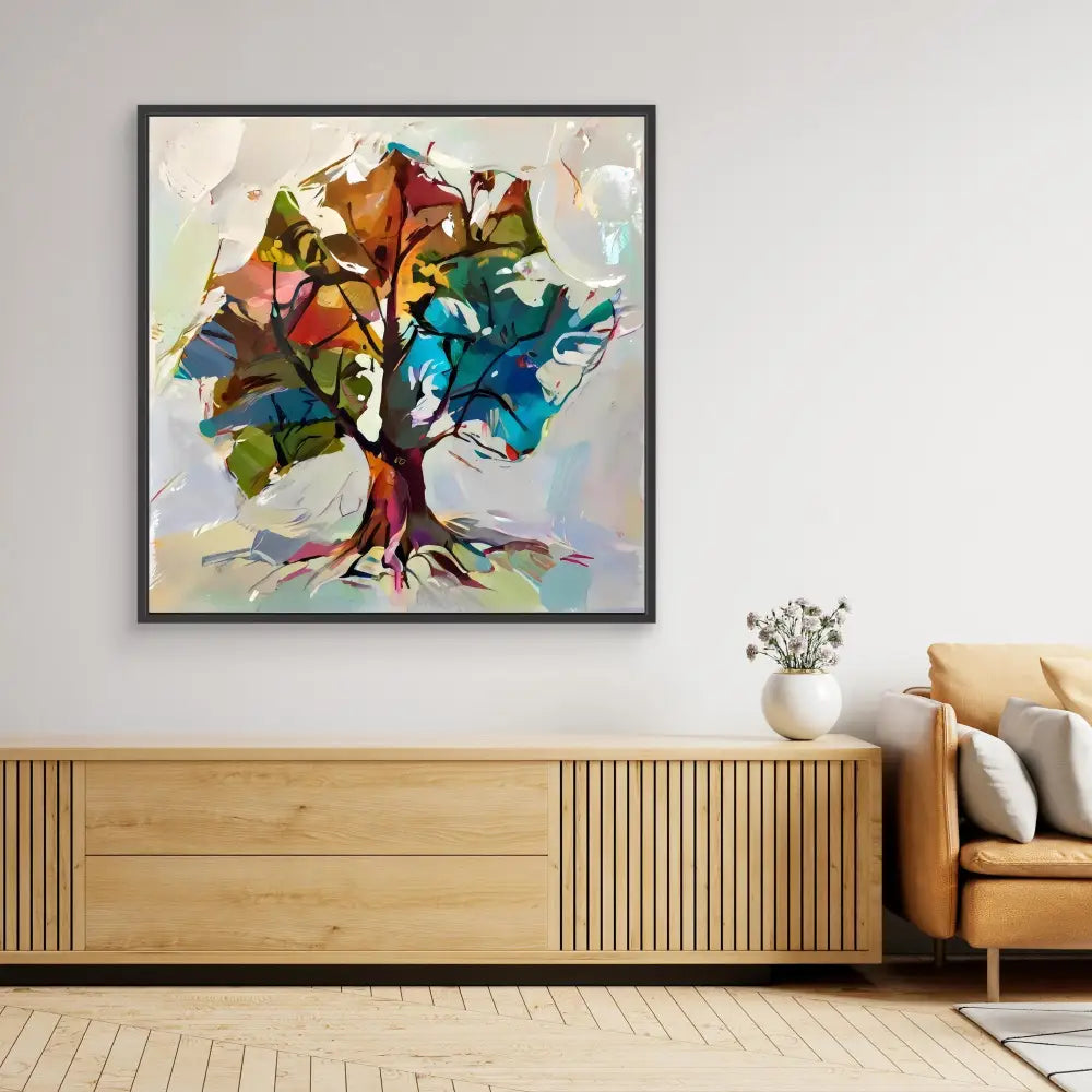 Colorful abstract painting of a tree with swirling branches in vibrant blues, reds, and greens.