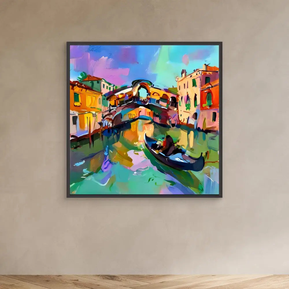 Colorful abstract painting of a Venetian canal scene with a gondola and bridge.