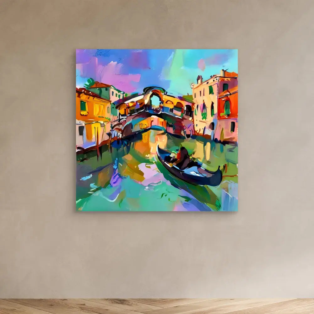 Colorful abstract painting of a Venetian canal scene with a gondola and bridge.