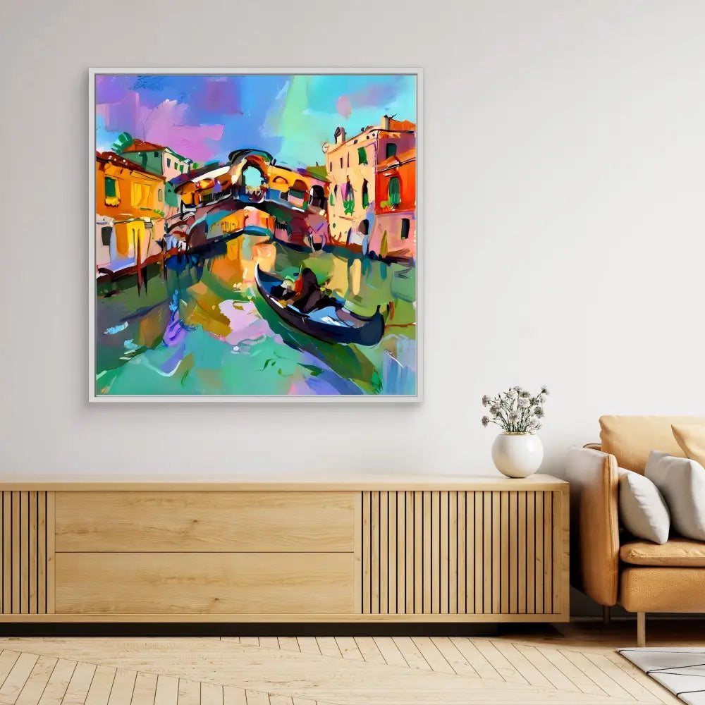 Colorful abstract painting of a Venetian canal scene with gondola and bridge.