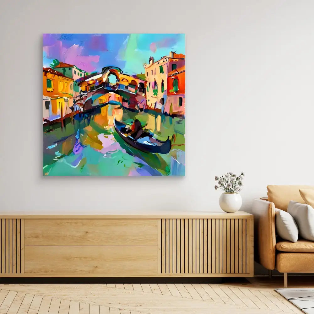 Colorful abstract painting of Venice with a gondola and bridge over a canal.