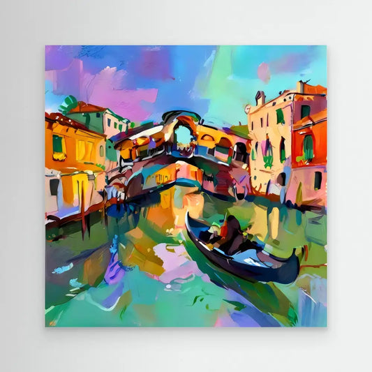 Colorful abstract painting of Venice’s Rialto Bridge with a gondola on the canal.