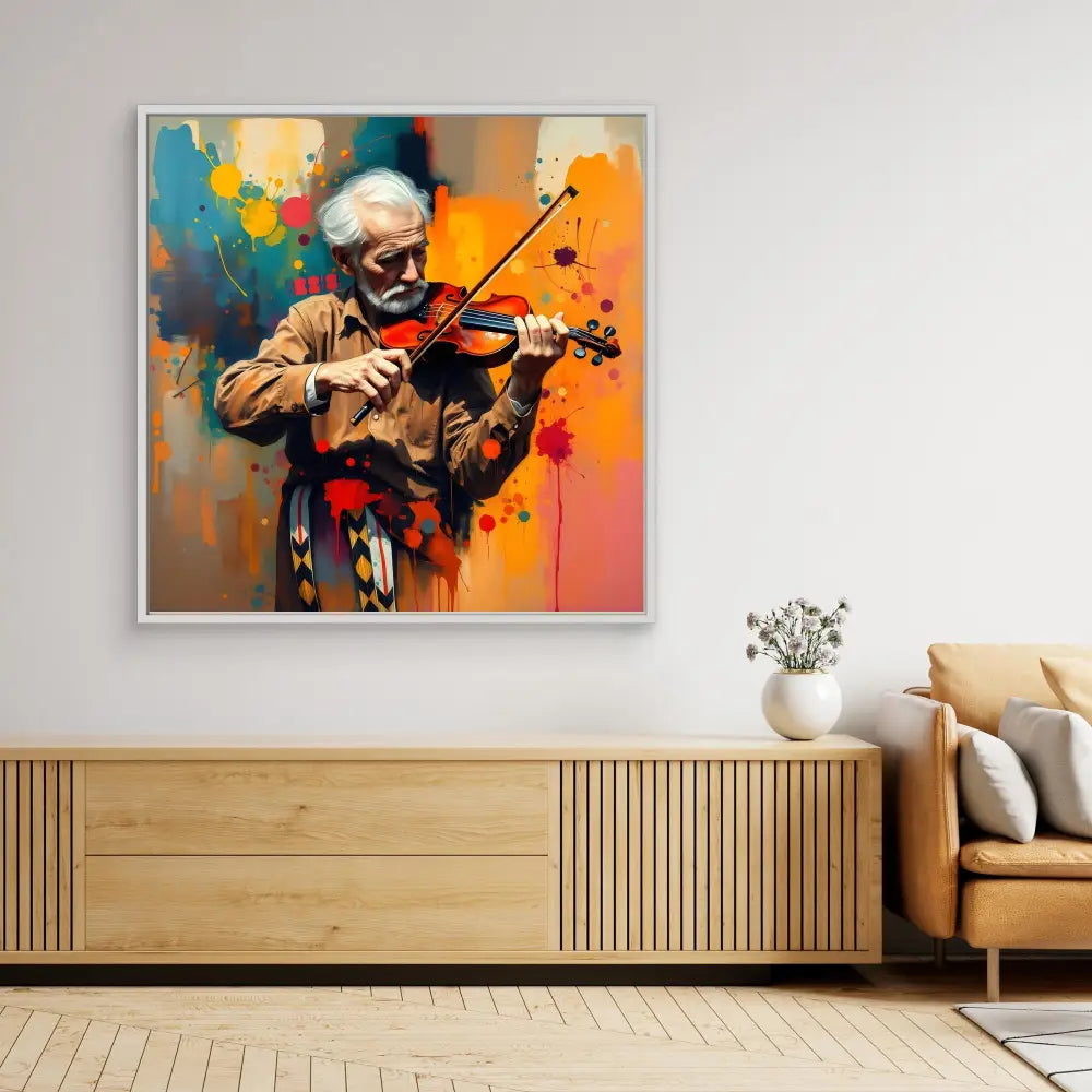 Colorful abstract painting of a violinist performing against a vibrant orange backdrop.