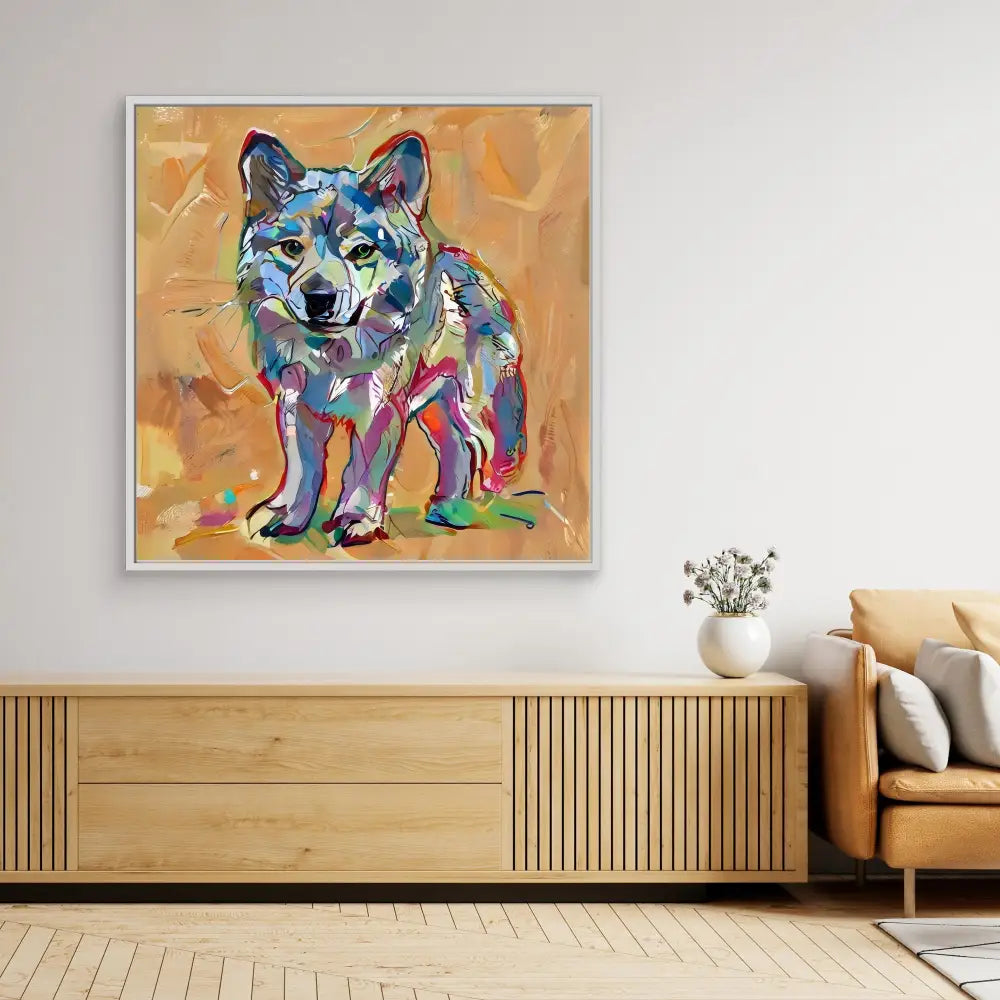 Colorful abstract painting of a wolf using vibrant blues, pinks and purples against a tan background.