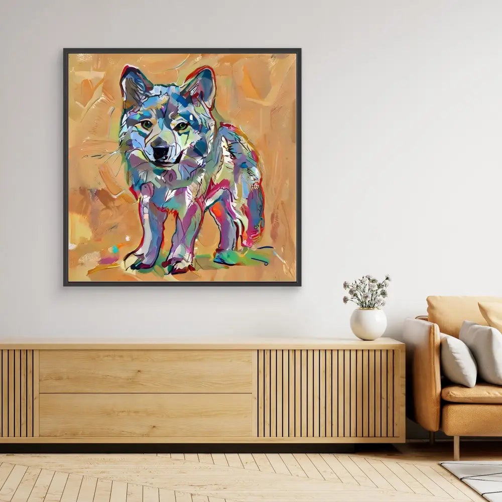 Colorful abstract painting of a wolf in vibrant blues, pinks and purples against a tan background.