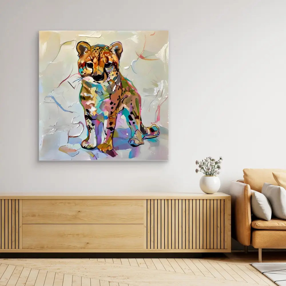 Colorful abstract painting of a young cheetah or leopard cub in vibrant watercolor style.