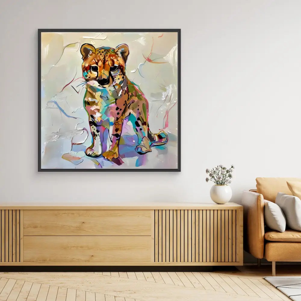 Colorful abstract painting of a young cheetah in vibrant watercolor style.