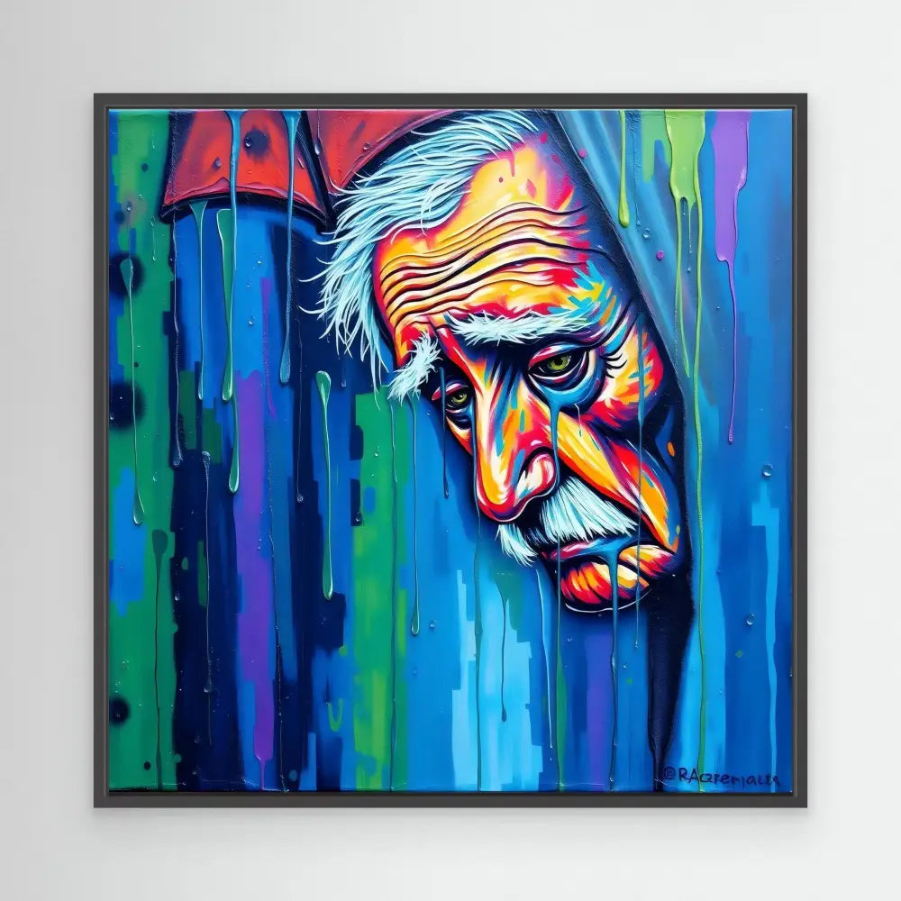 Colorful abstract portrait painting with vibrant dripping blues, greens and neon accents.