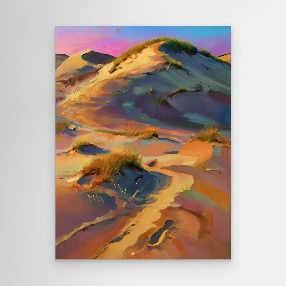 Colorful abstract sand dunes painted with sweeping brushstrokes in orange, purple, and blue tones.