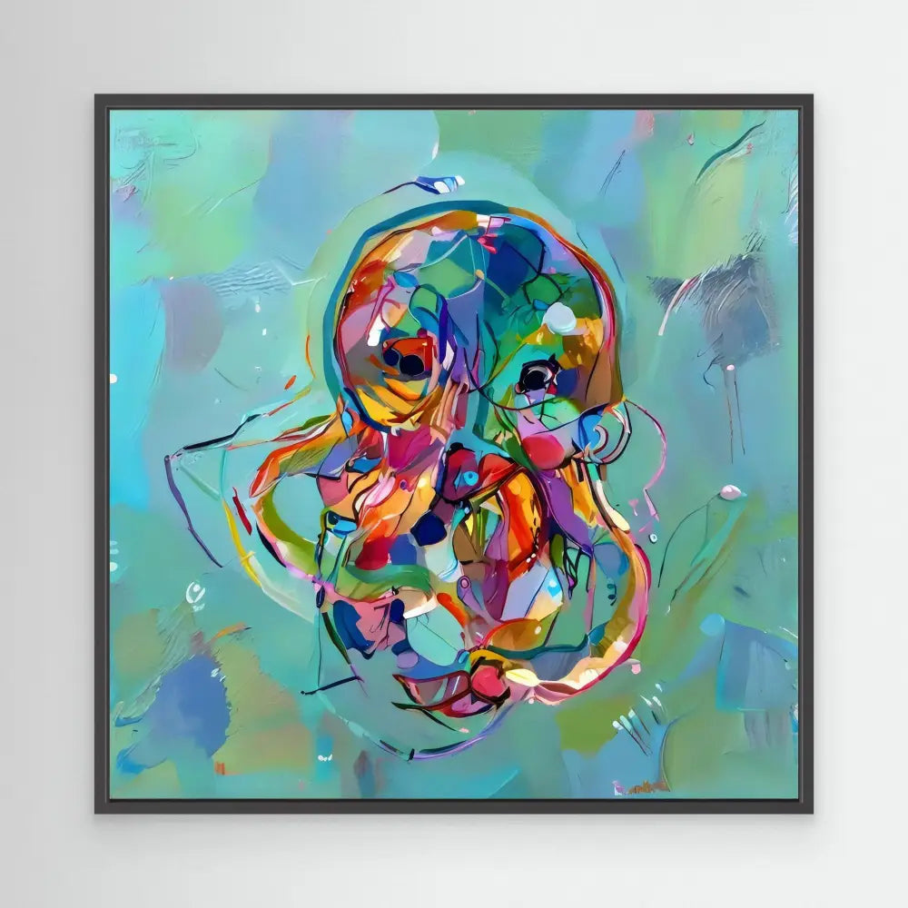 Colorful abstract skull composed of swirling geometric shapes and vibrant rainbow hues.