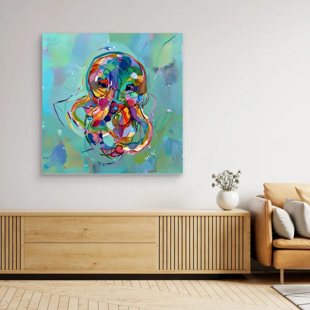 Colorful abstract skull painting with swirling rainbow hues.